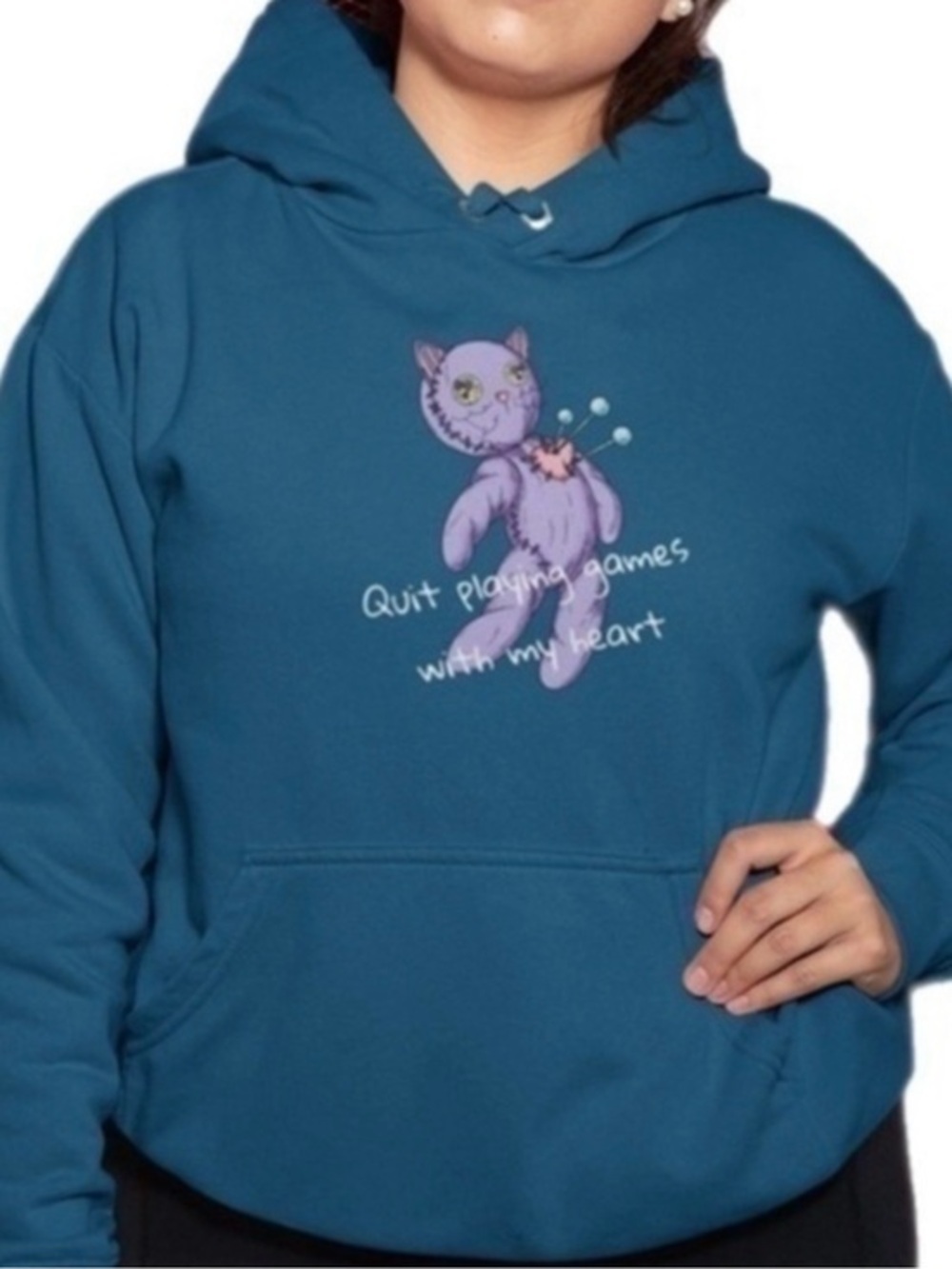 Heather Navy Pullover Hoodie Sweatshirt Voodoo Kitty Doll Quit Playing Graphic